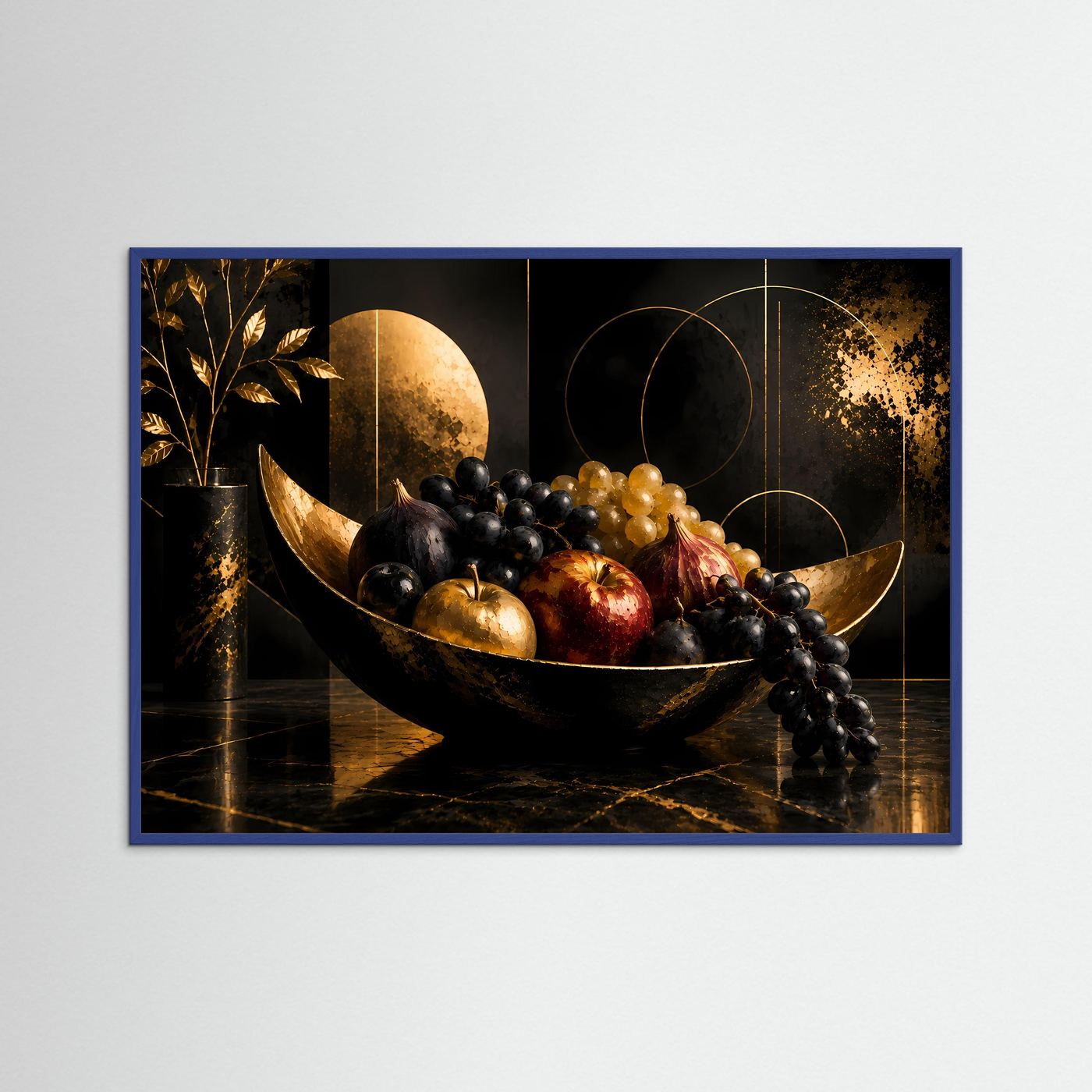 Poster Querformat mit schwarzer Obstschale, Trauben und Früchten; blauer Rahmen