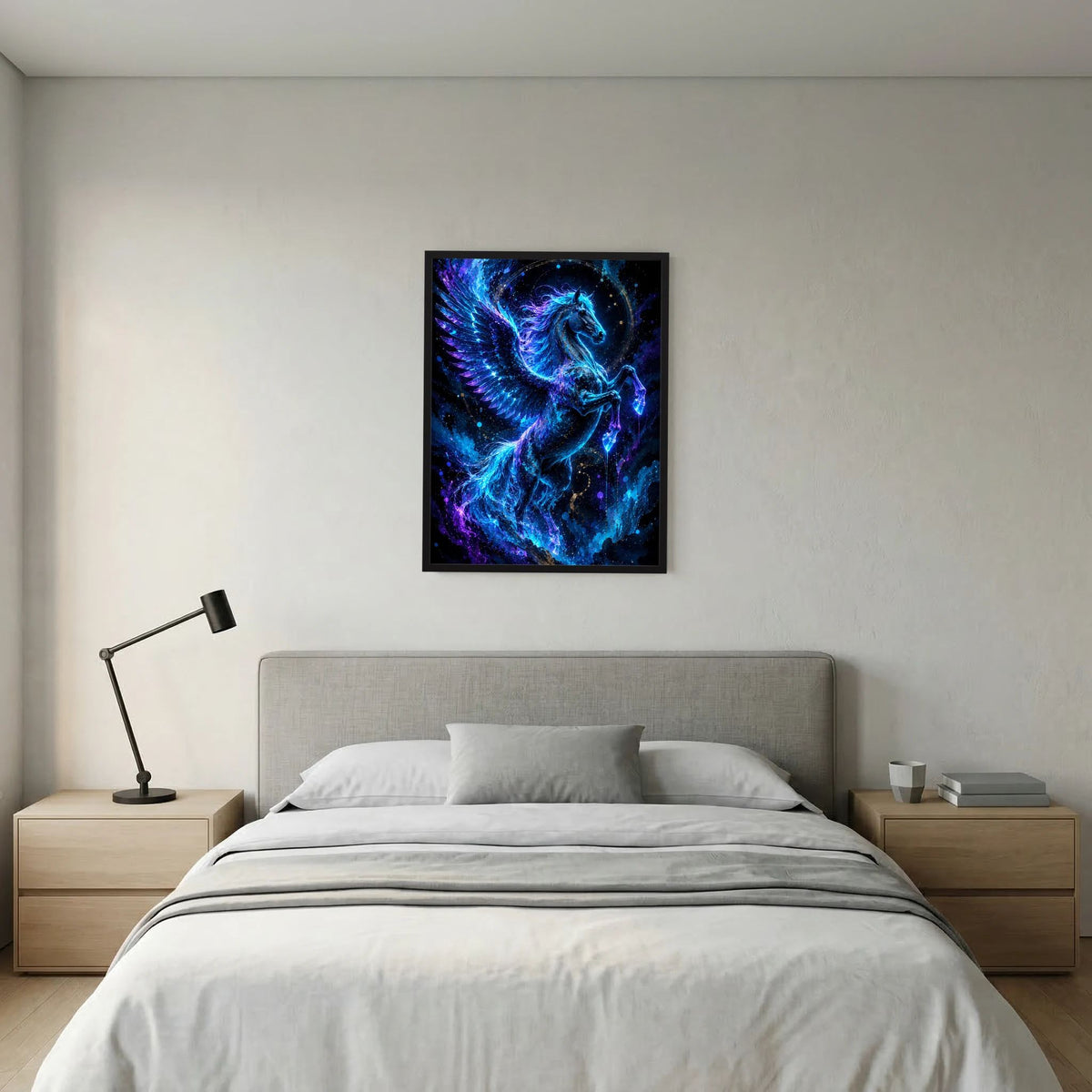 Quadratisches Poster mit Pegasus-Motiv in leuchtendem Blau, schwarzer Rahmen