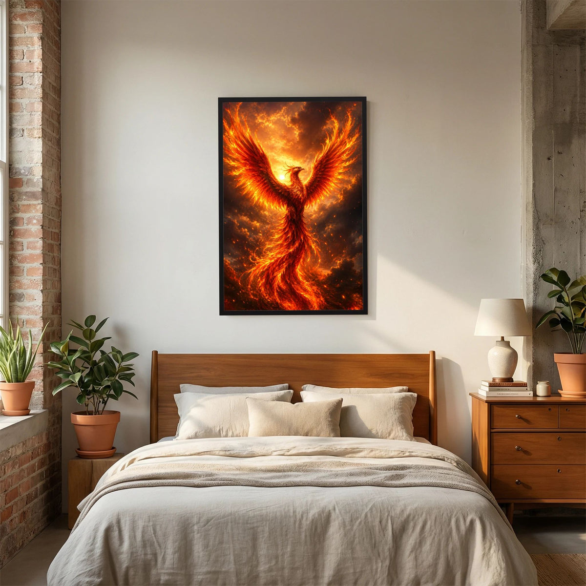 Hochkant-Poster mit Phönix in Feuer, schwarzer Rahmen