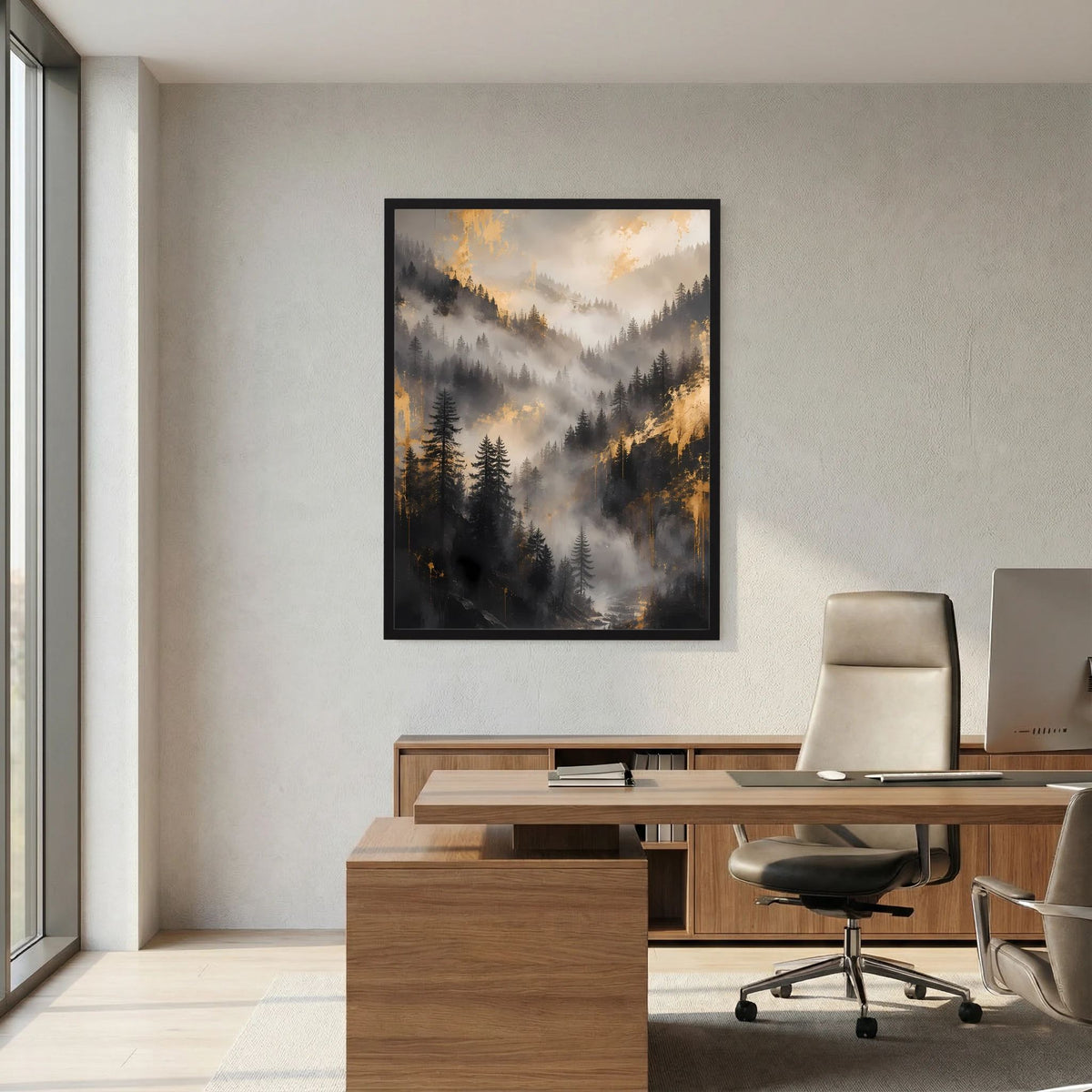Poster im Hochformat mit schwarzem Rahmen: neblige Berglandschaft mit Tannen und goldfarbenem Licht