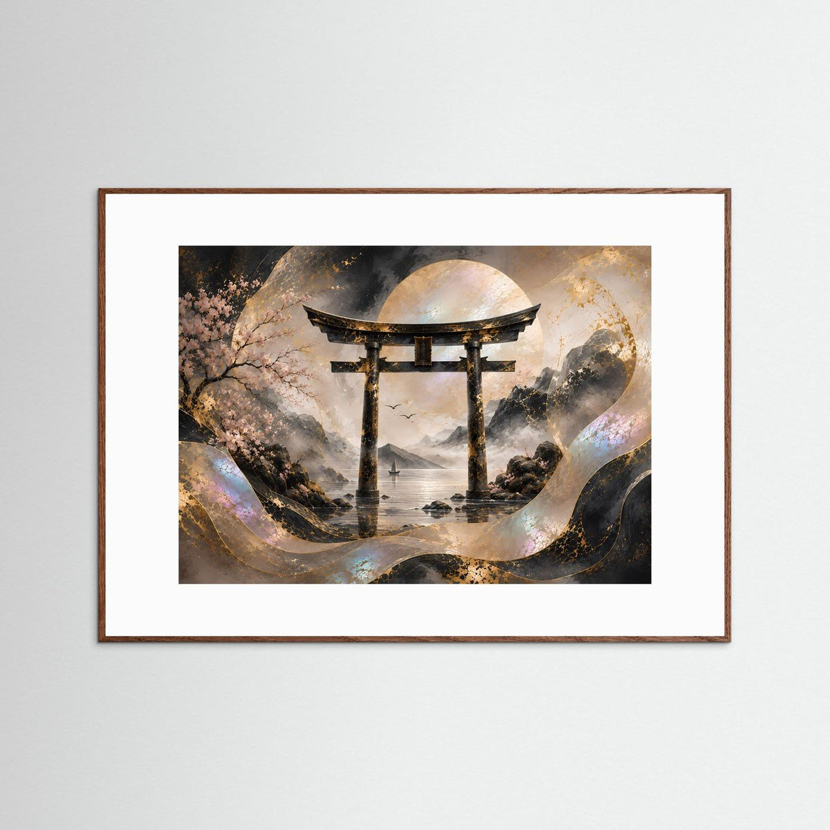 Poster mit japanischem Torii über Wasser, Gold- und Perlmutt-Design, dunkler Holzrahmen