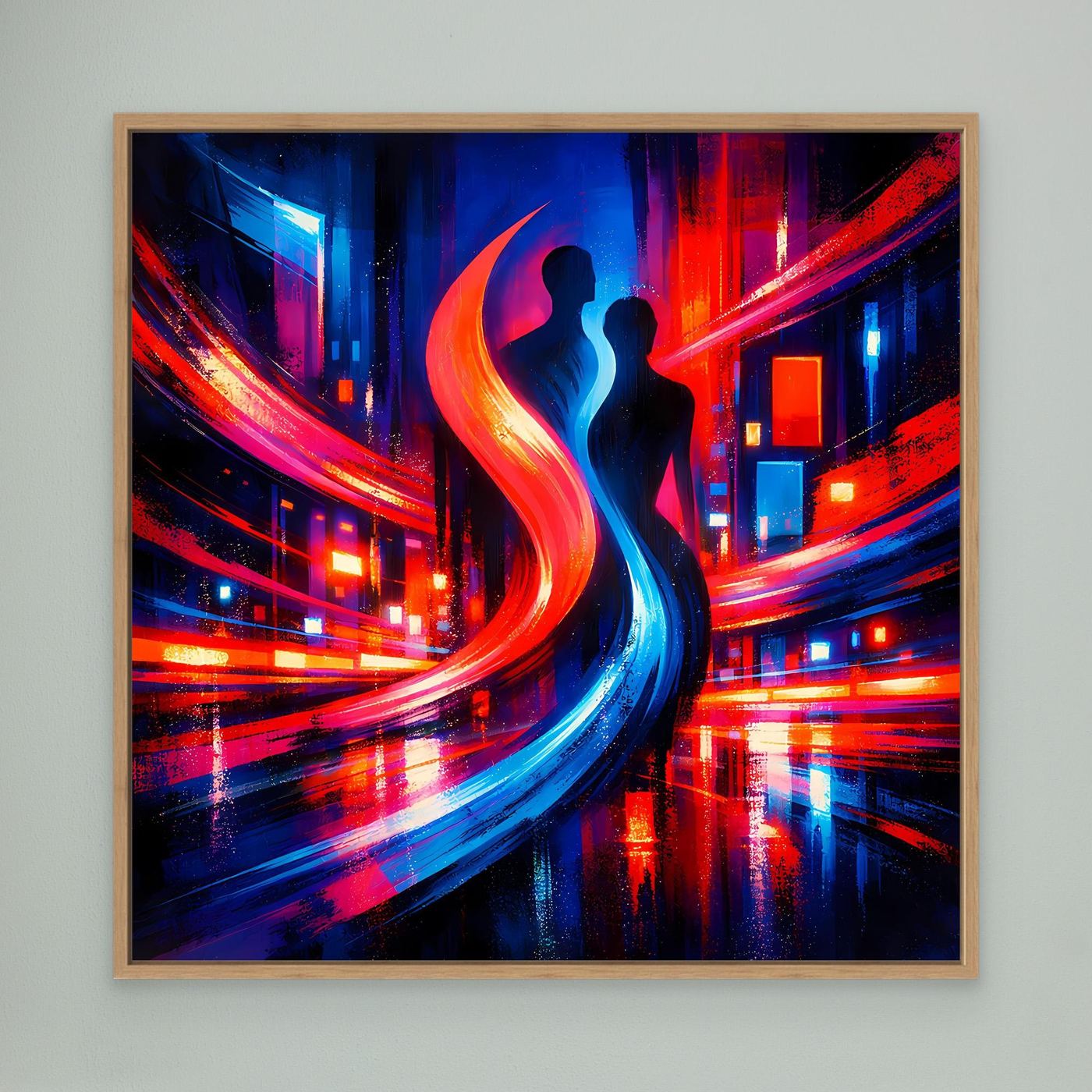 Abstraktes Leinwand-Wandbild mit hellem Holzrahmen: Neon-City und Paar-Silhouette