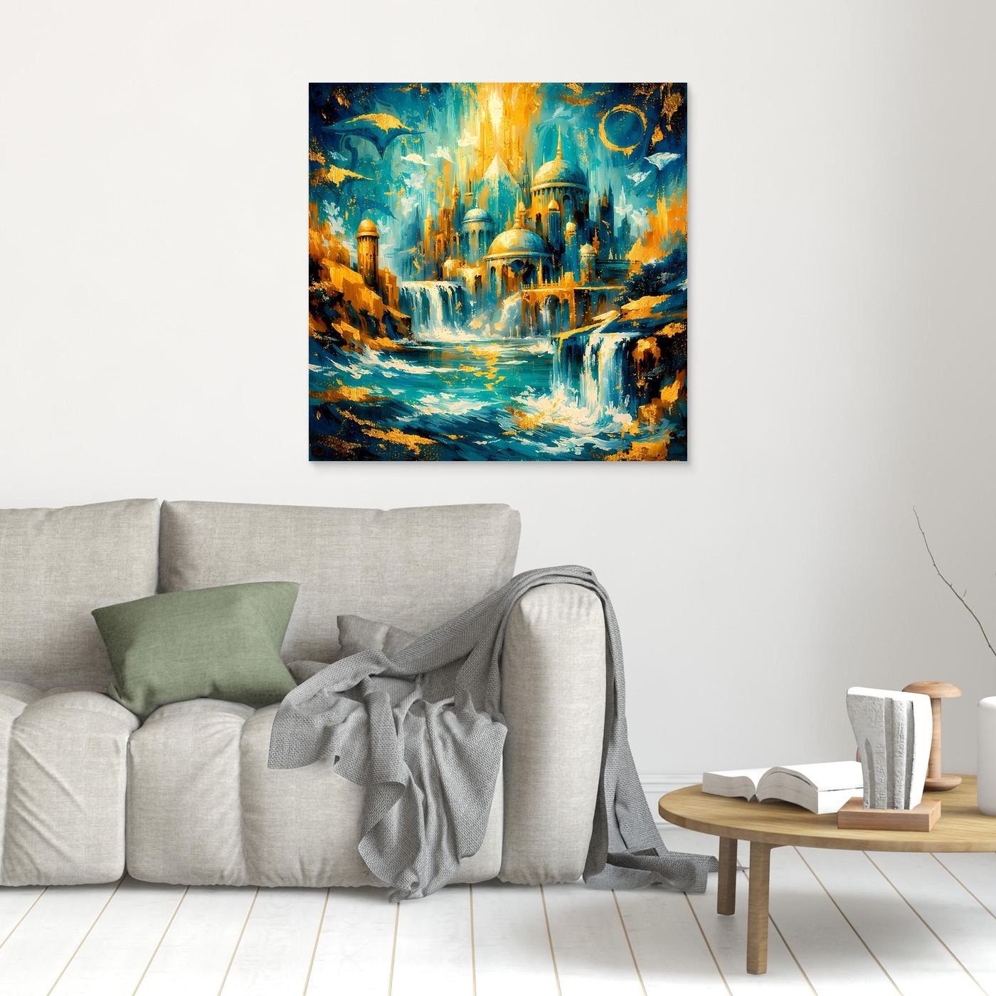 Kleines Leinwandbild mit abstrakter Fantasystadt, türkis und gold, Holzrahmen
