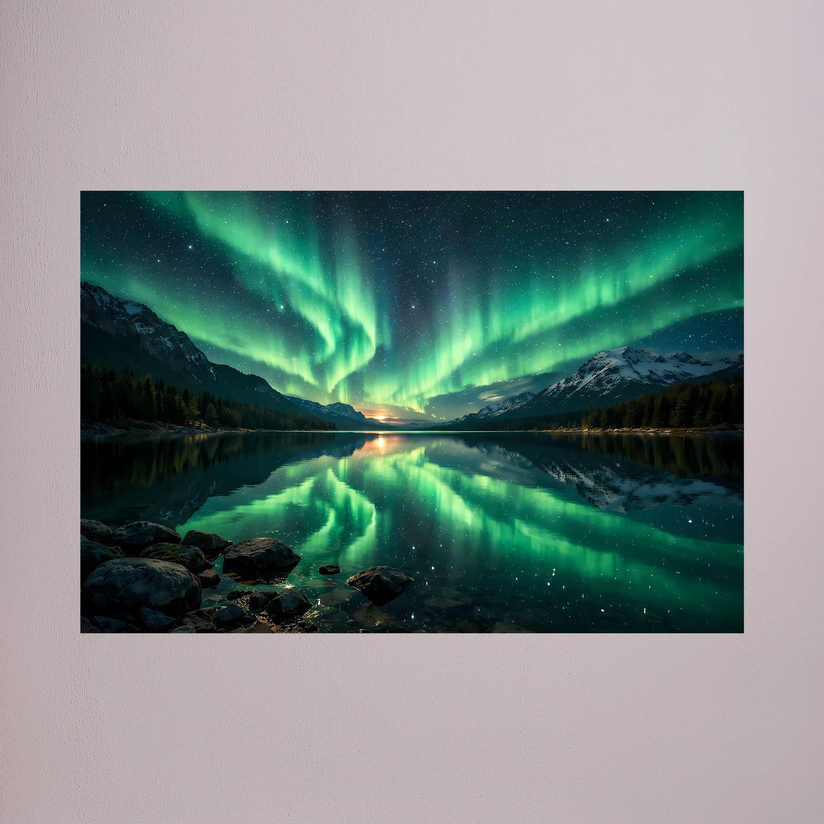 Querformat-Poster mit grünen Polarlichtern über Bergsee und schneebedeckten Bergen