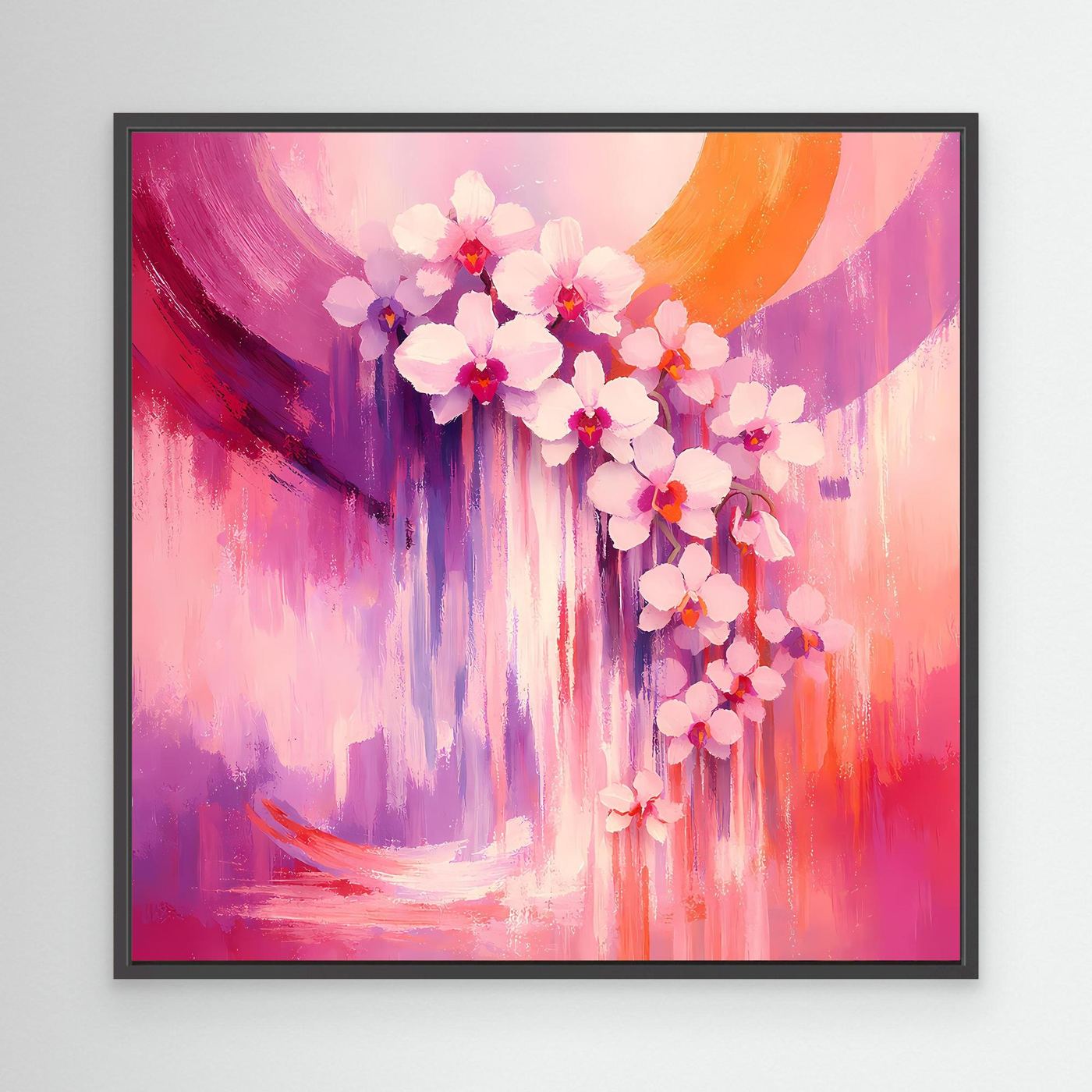 Leinwandbild mit abstrakten Orchideenblüten in Pink und Violett, schwarzer Rahmen