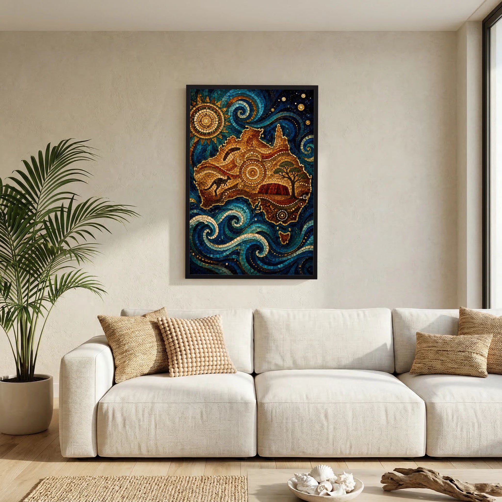 Gerahmtes Wandposter mit Mosaikmotiv: Känguru, Sternenbild, blaue Wirbel und Sonne