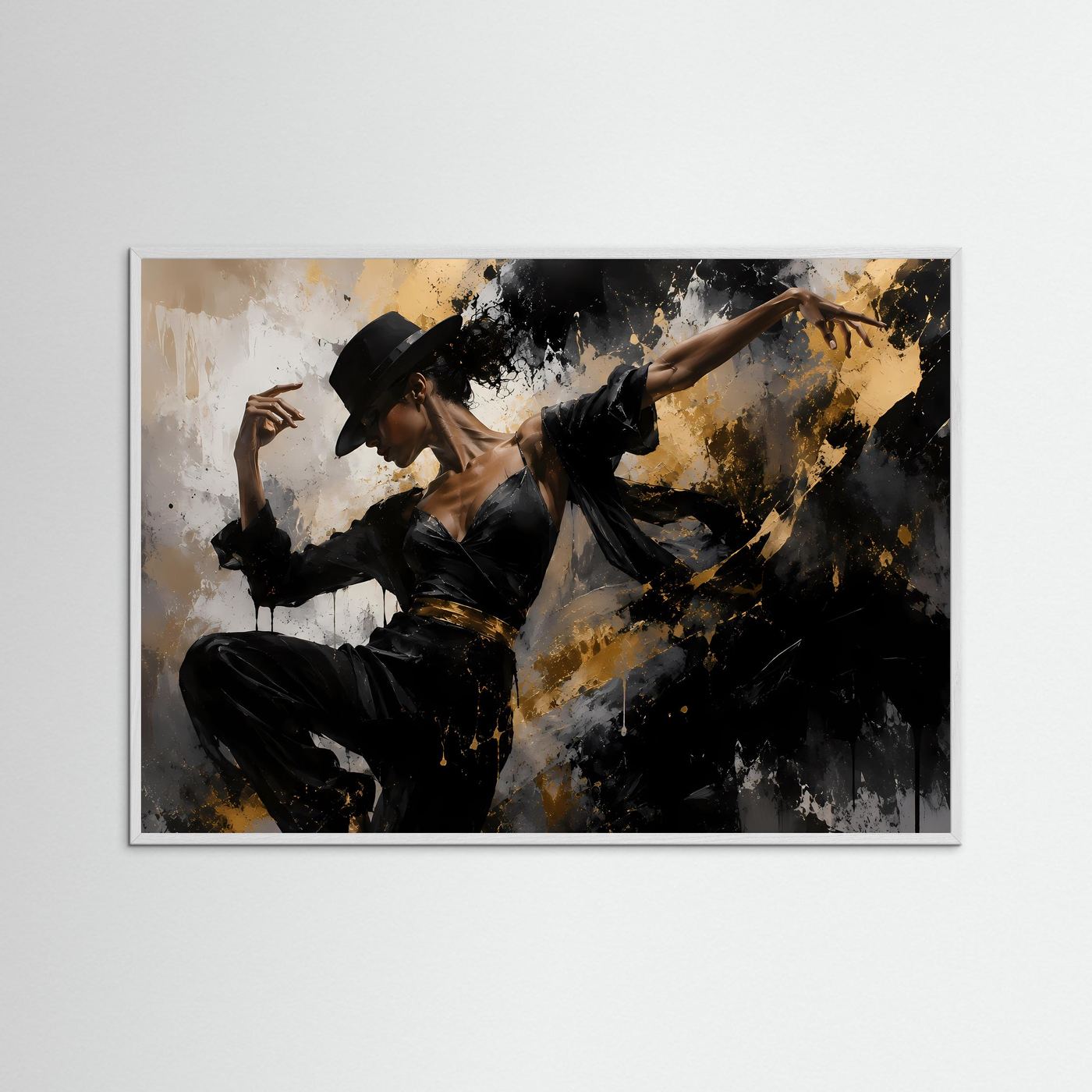 Querformat-Poster einer Tänzerin in Schwarz, im Holzrahmen mit abstrakten Gold- und Dunkelverläufen