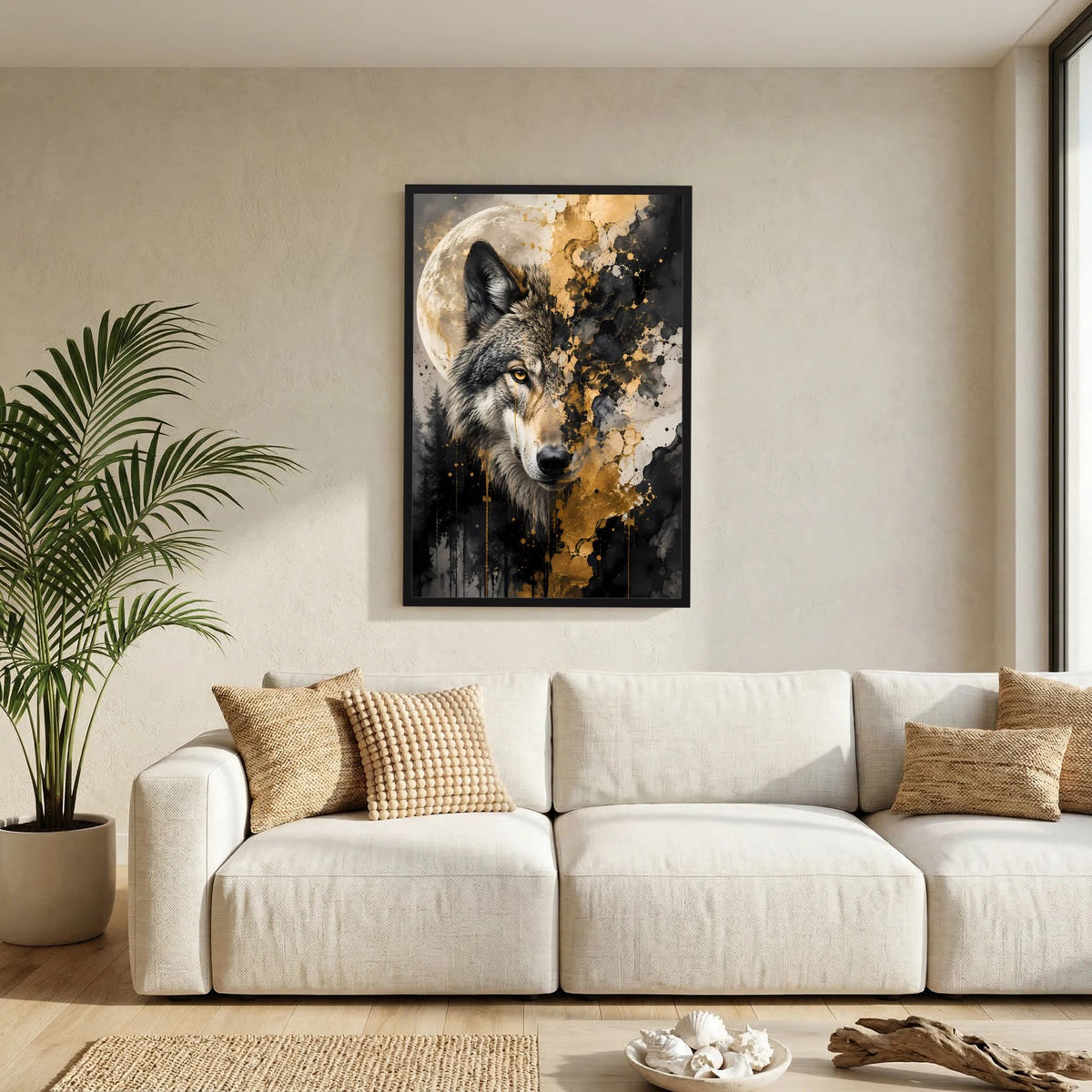 Poster im Hochformat mit Wolfskopf, Mond und schwarz-goldenem Spritzdesign im schwarzen Rahmen.