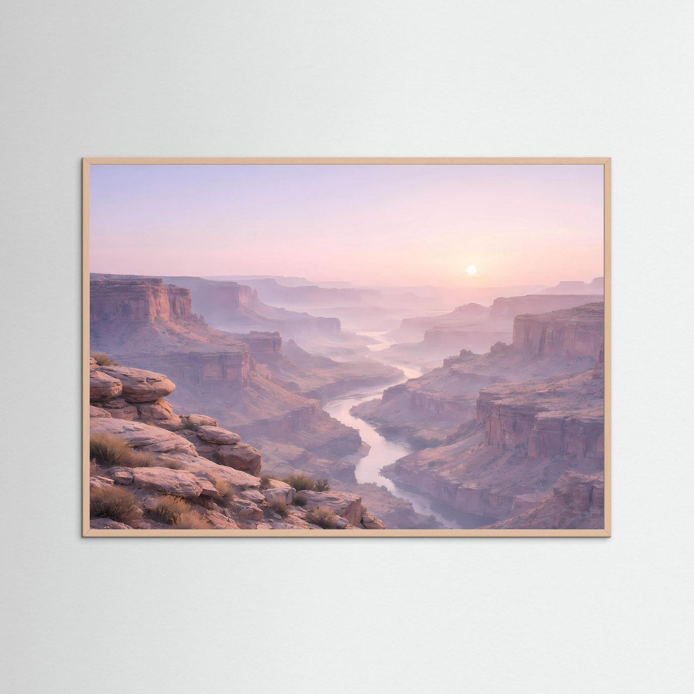 Canyon-Wandbild im beigen Holzrahmen, Panoramaansicht mit Schlucht und Sonnenaufgang