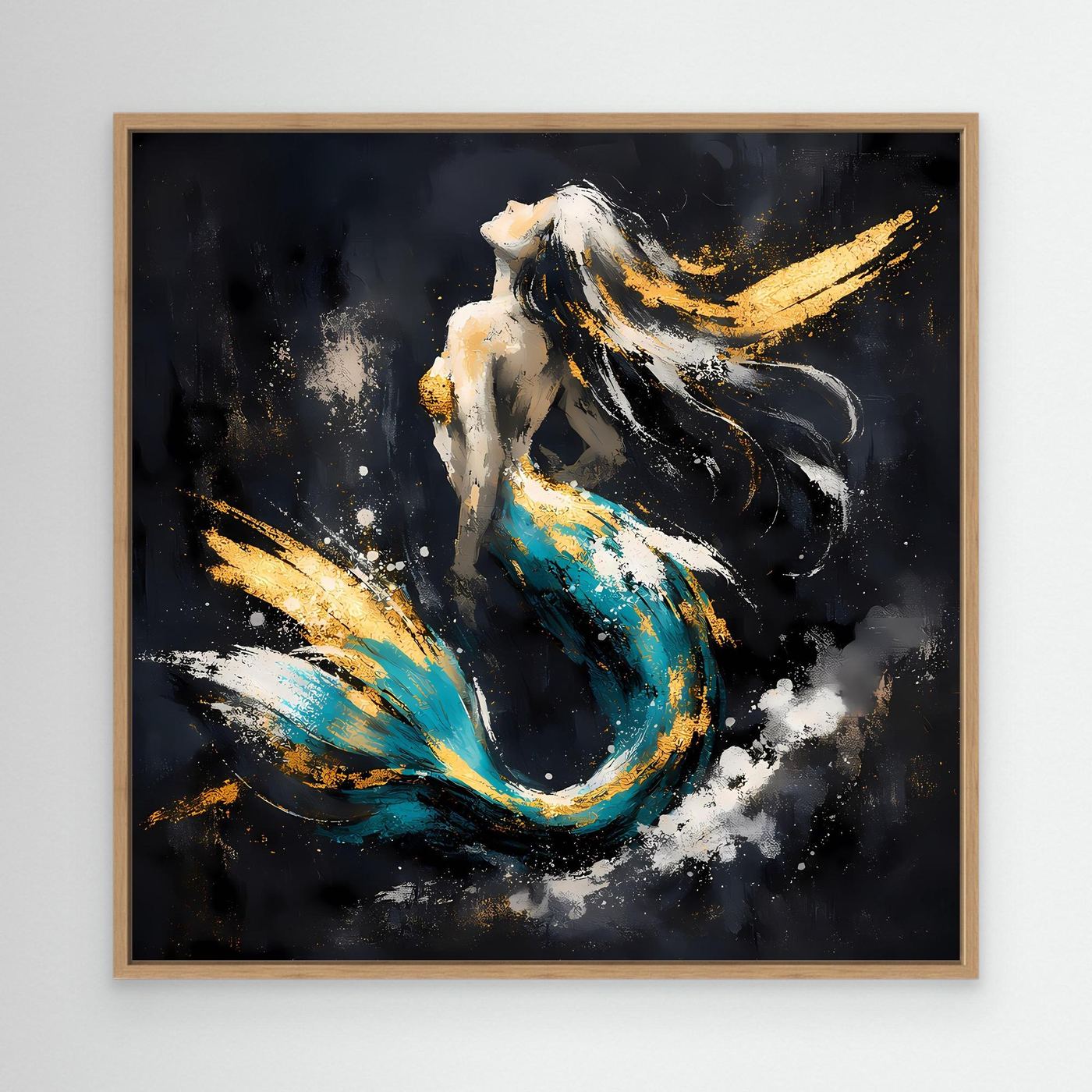 Leinwand Elegante Meerjungfrau in Türkis und Gold | Modernes Fantasy Wandbild