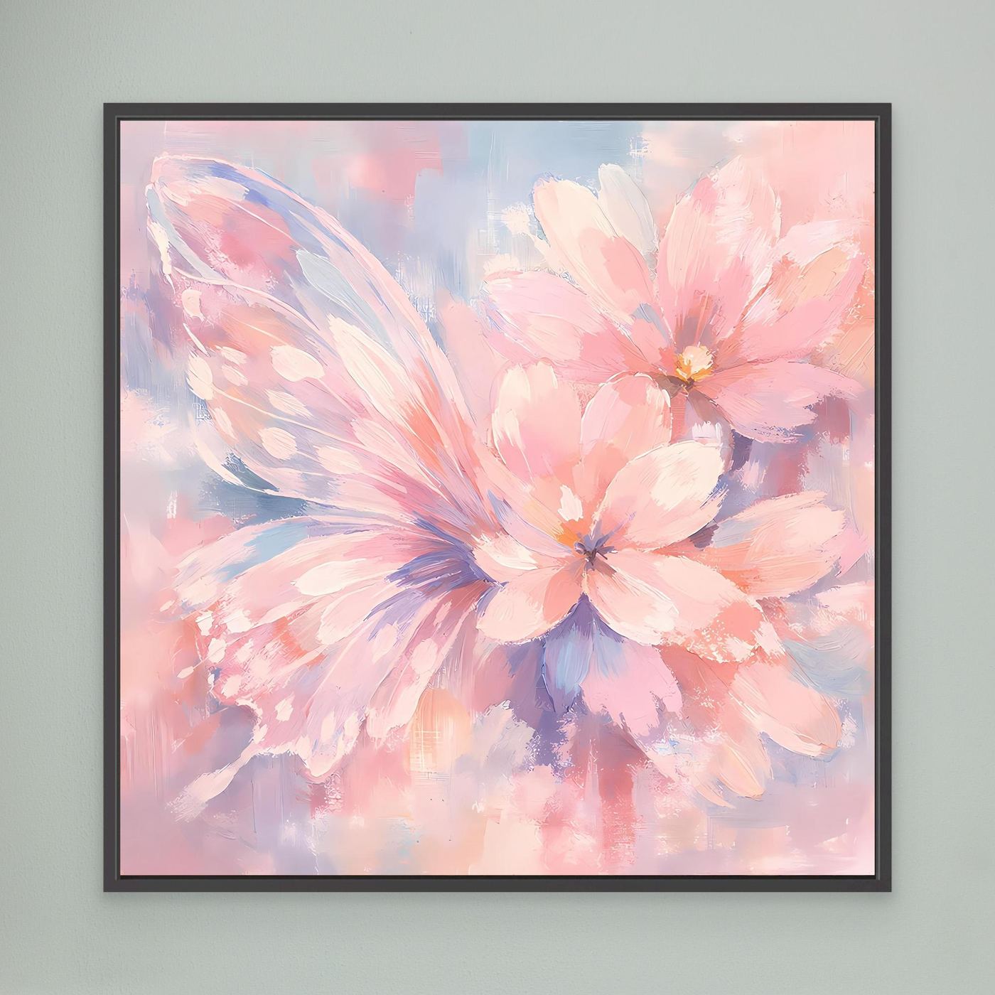 Gerahmte Leinwand (schwarz): pastellfarbene Schmetterlingsblüte mit rosa und blauen Pinselstrichen.