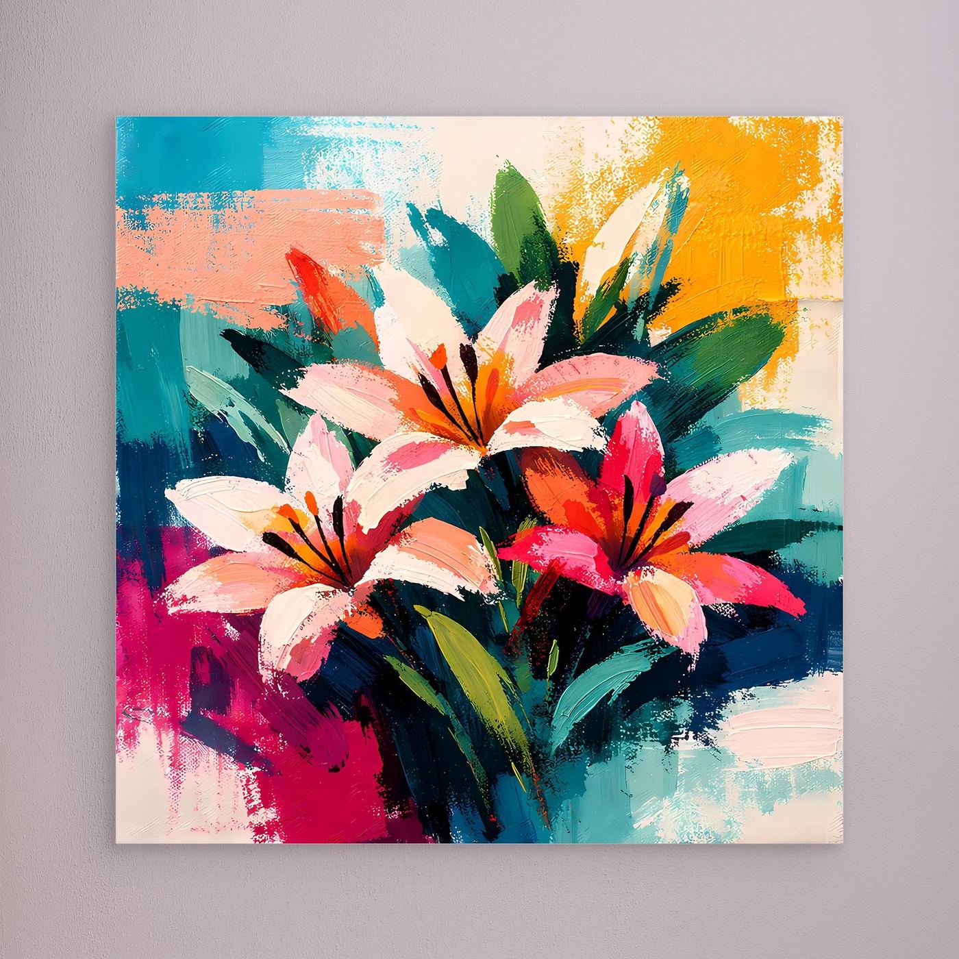 Unframed abstract floral canvas with colorful lilies and brushstrokes