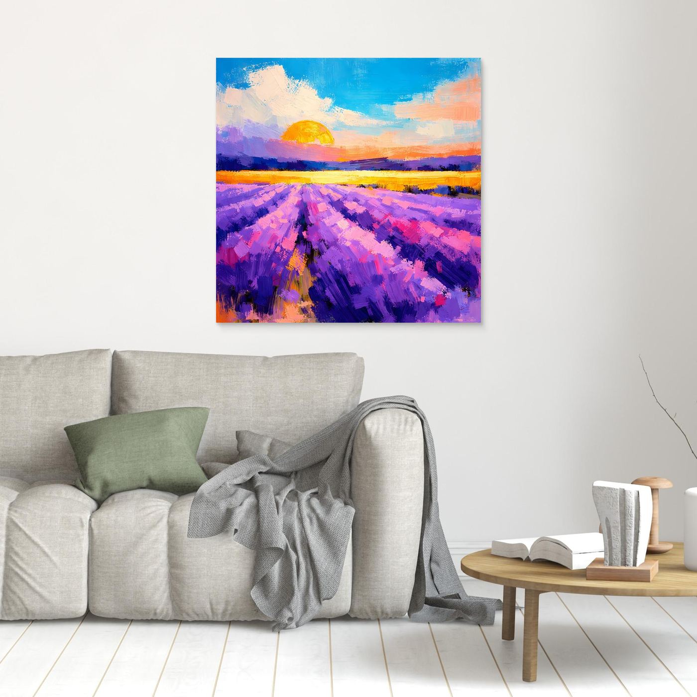 Wandbild auf Leinwand mit orangefarbener Sonne über violettem Lavendelfeld, ohne Rahmen
