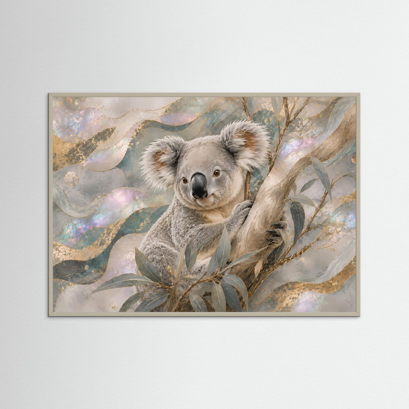 Poster mit Koala zwischen Eukalyptuszweigen im hellbraunen Holzrahmen, abstrakte Perlmuttoptik