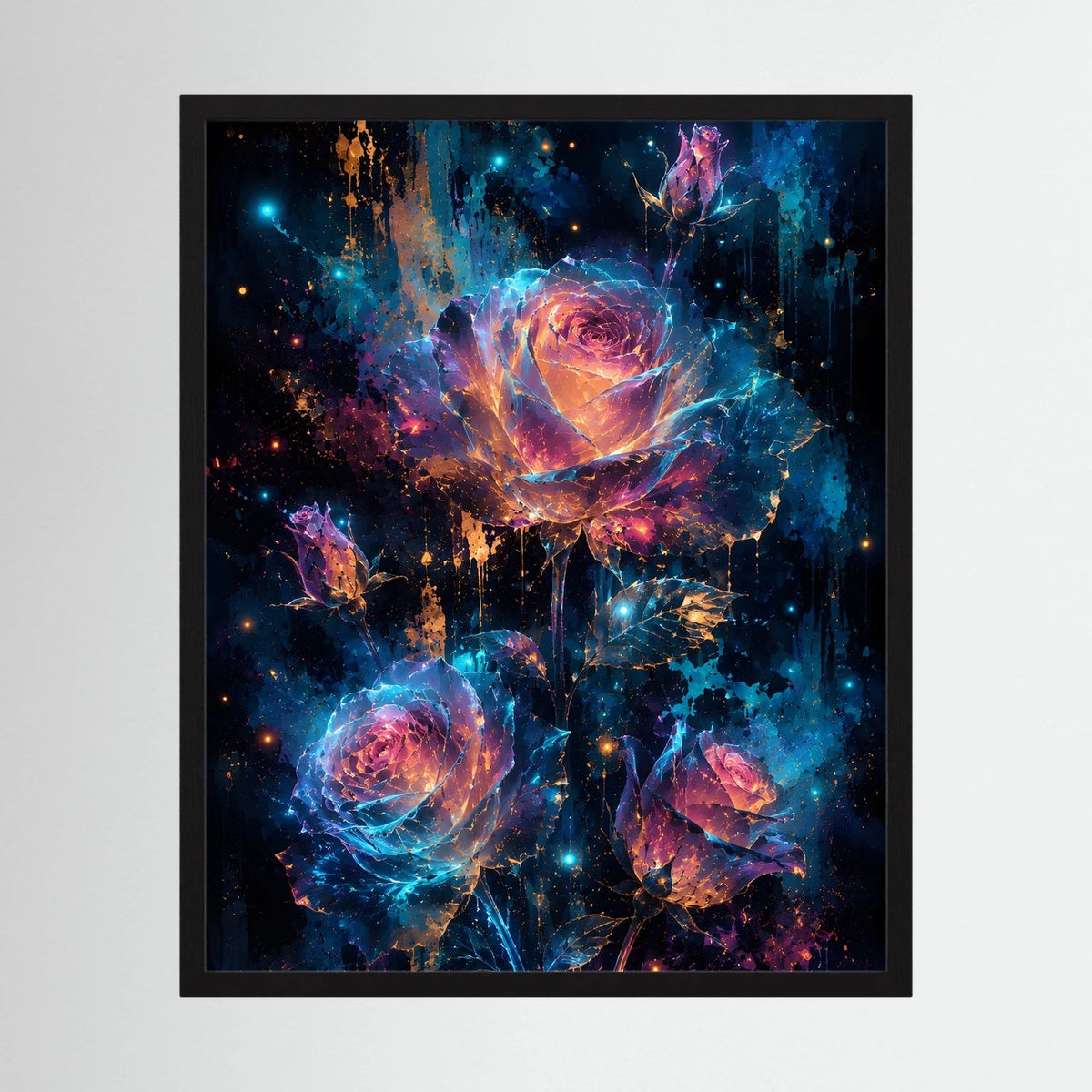 Wandbild mit Rosenmotive in Blau und Pink, leuchtende Partikel, schwarzer Rahmen