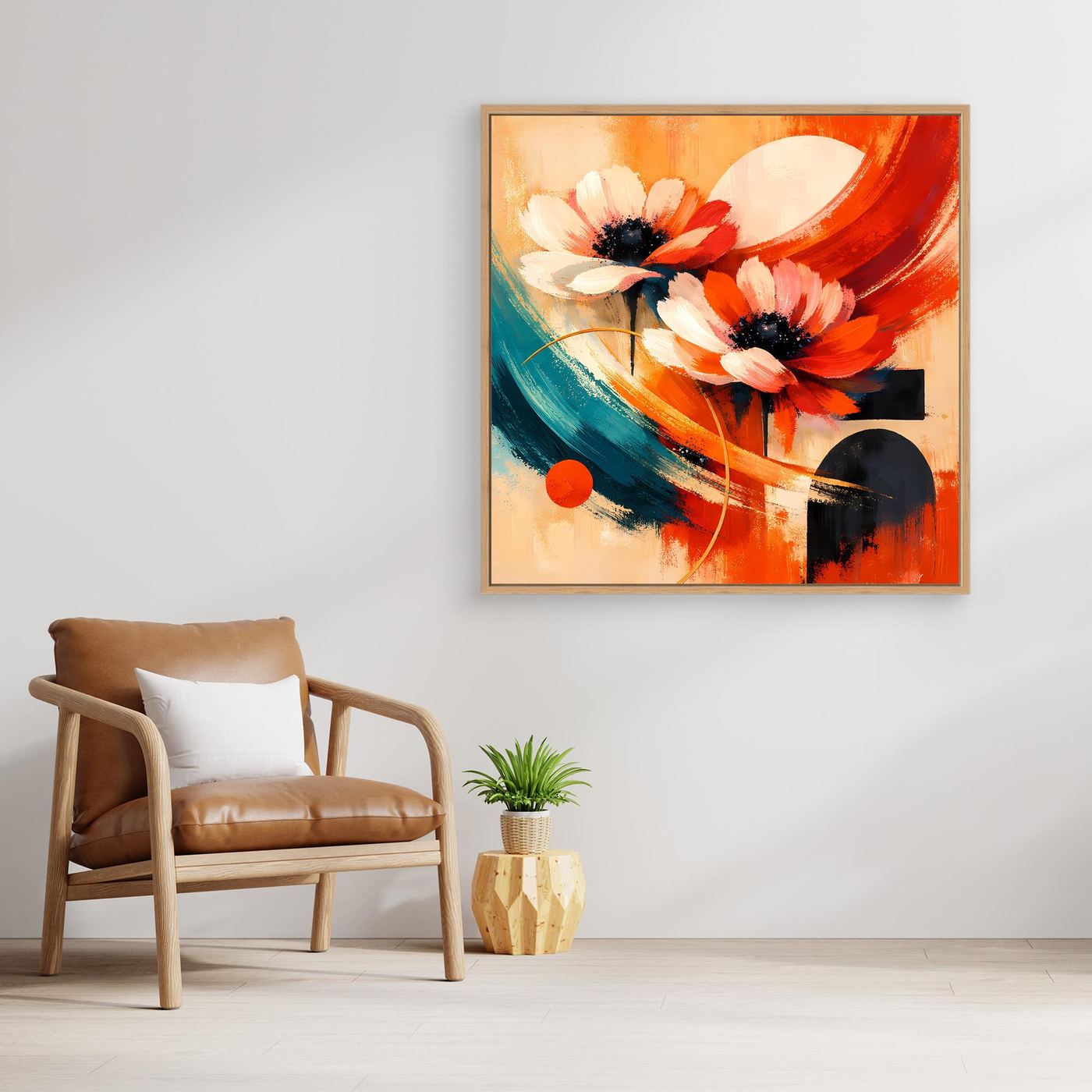 Leinwandbild mit abstrakten Anemonen, goldener Rahmen, Rot, Orange, Teal und Schwarz