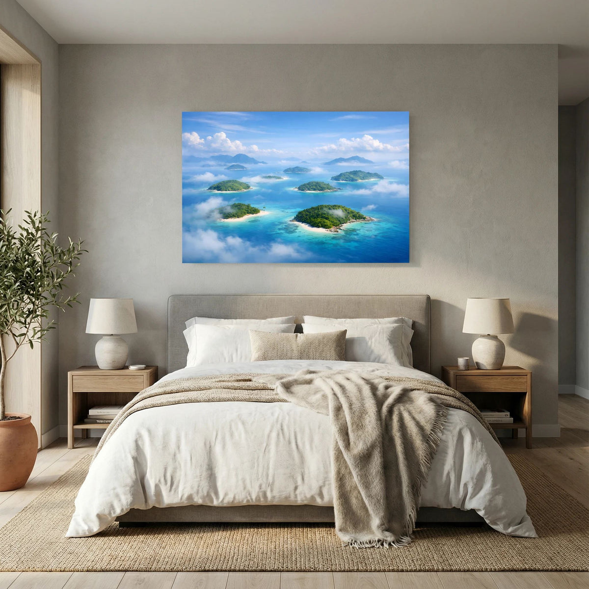 Wandbild mit tropischen Inseln und türkisblauem Meer aus Vogelperspektive