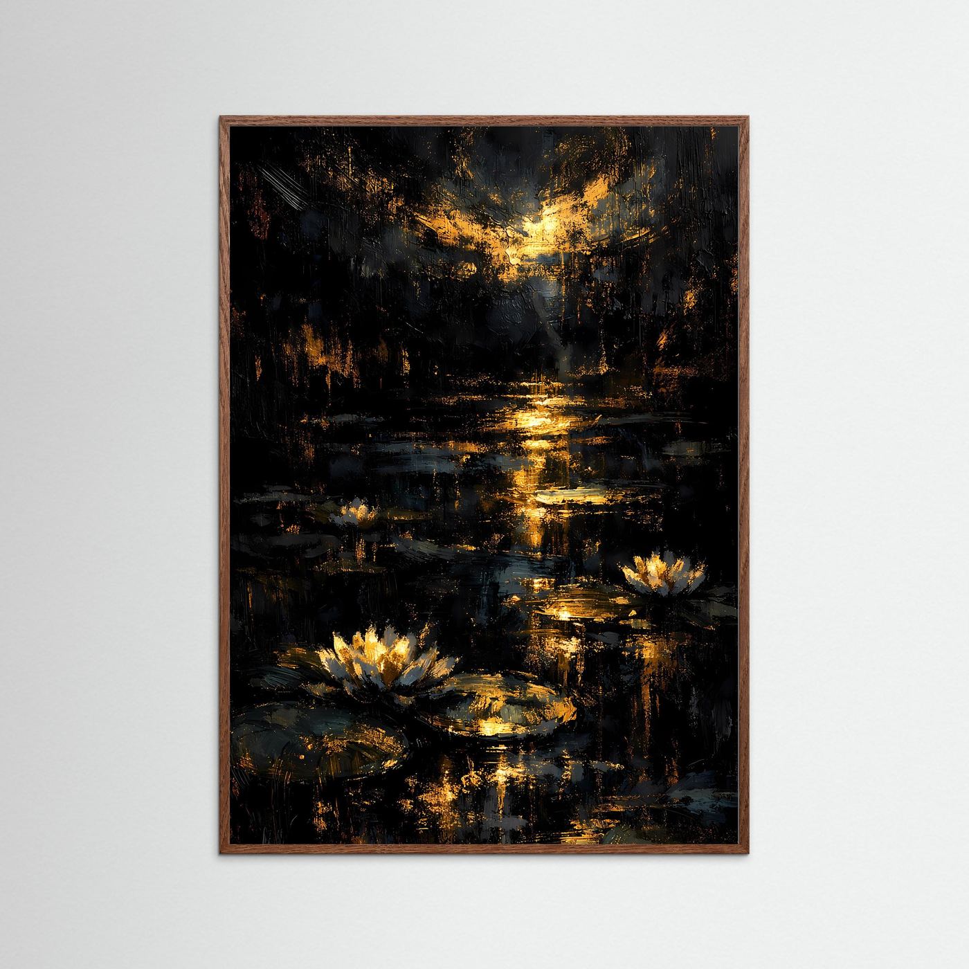 Abstraktes Seerosenteich-Poster im braunen Holzrahmen, goldene Reflexe und Seerosen im Teich