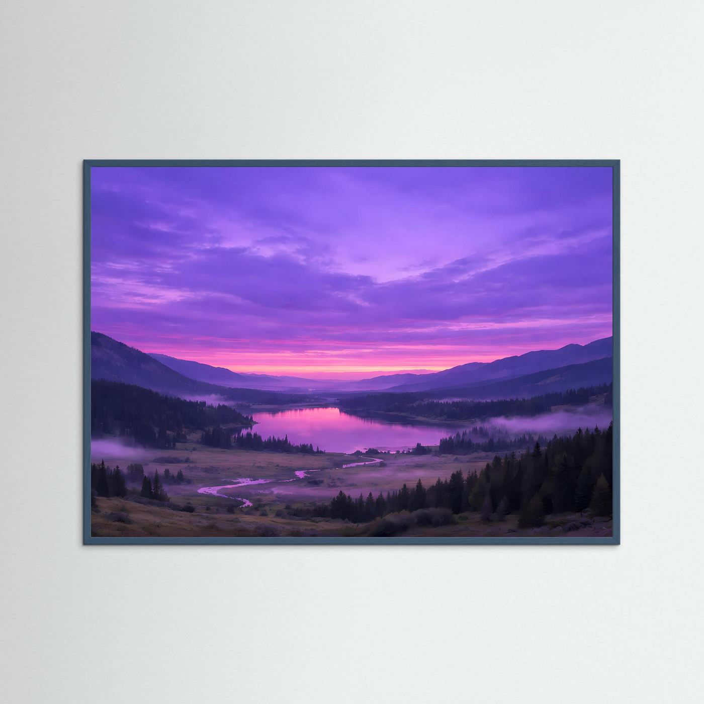 Wandbild: Bergtal mit Fluss bei Sonnenuntergang, in dunkelgrauem Rahmen