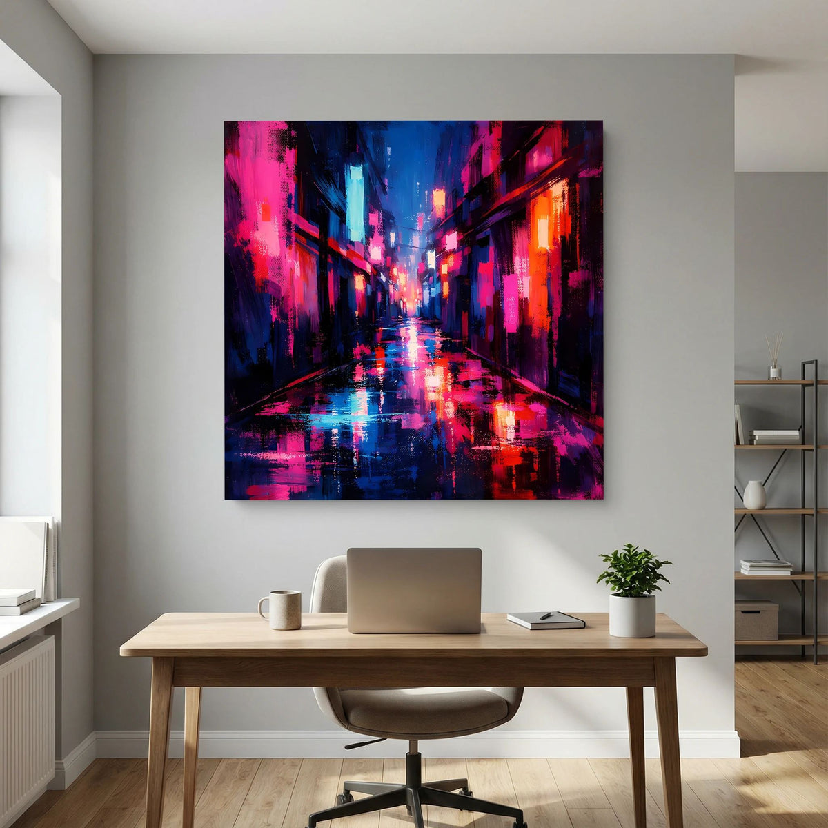 Neon-Wandbild Cyberpunk-Gasse im Regen, magenta-blau-orange, schwarzer Rahmen