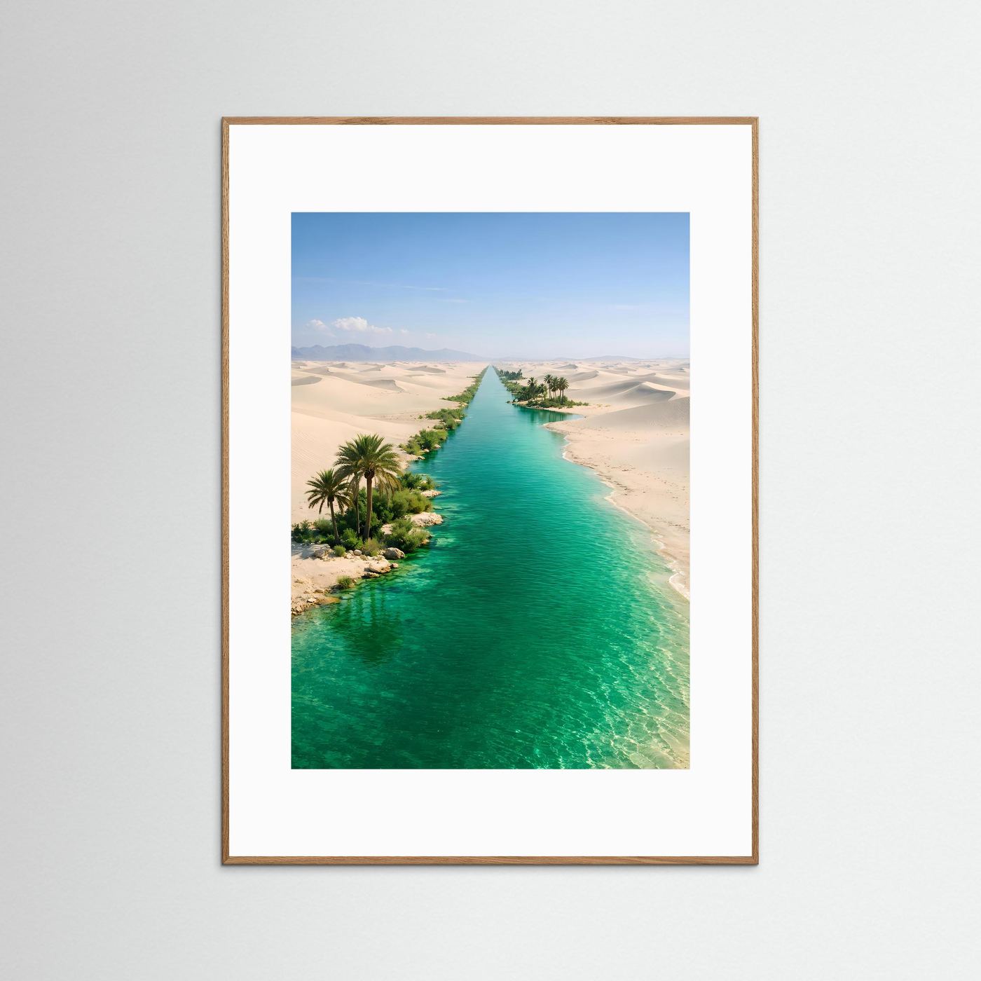 Oasenlandschaft-Poster im braunen Holzrahmen mit türkisgrünem Fluss und Palmen