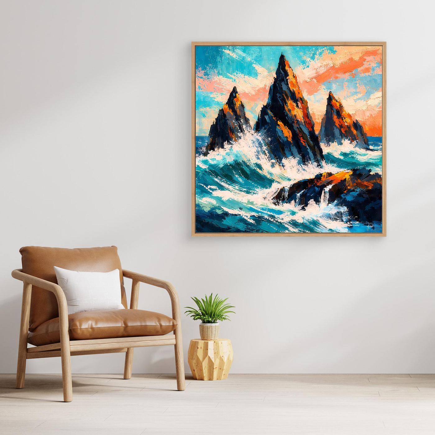 Gerahmtes Leinwand-Wandbild: Klippen in der Brandung, blau-türkise Wellen und Orange