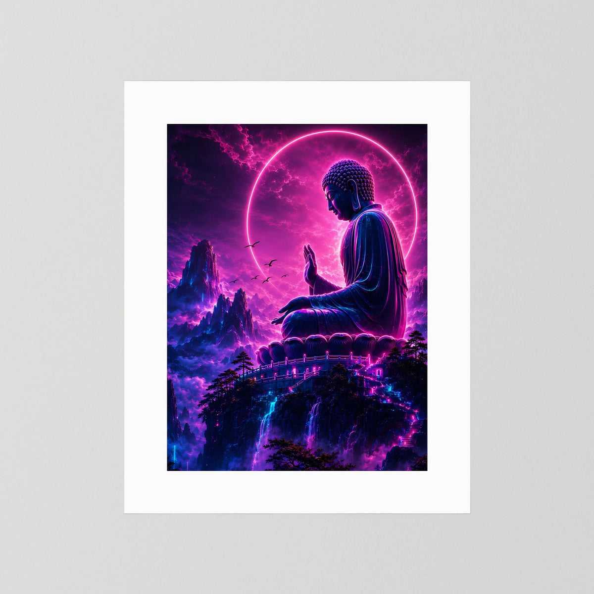 Neon-Buddha-Poster ohne Rahmen, nur weißer Rand, sitzender Buddha im Lichtkreis