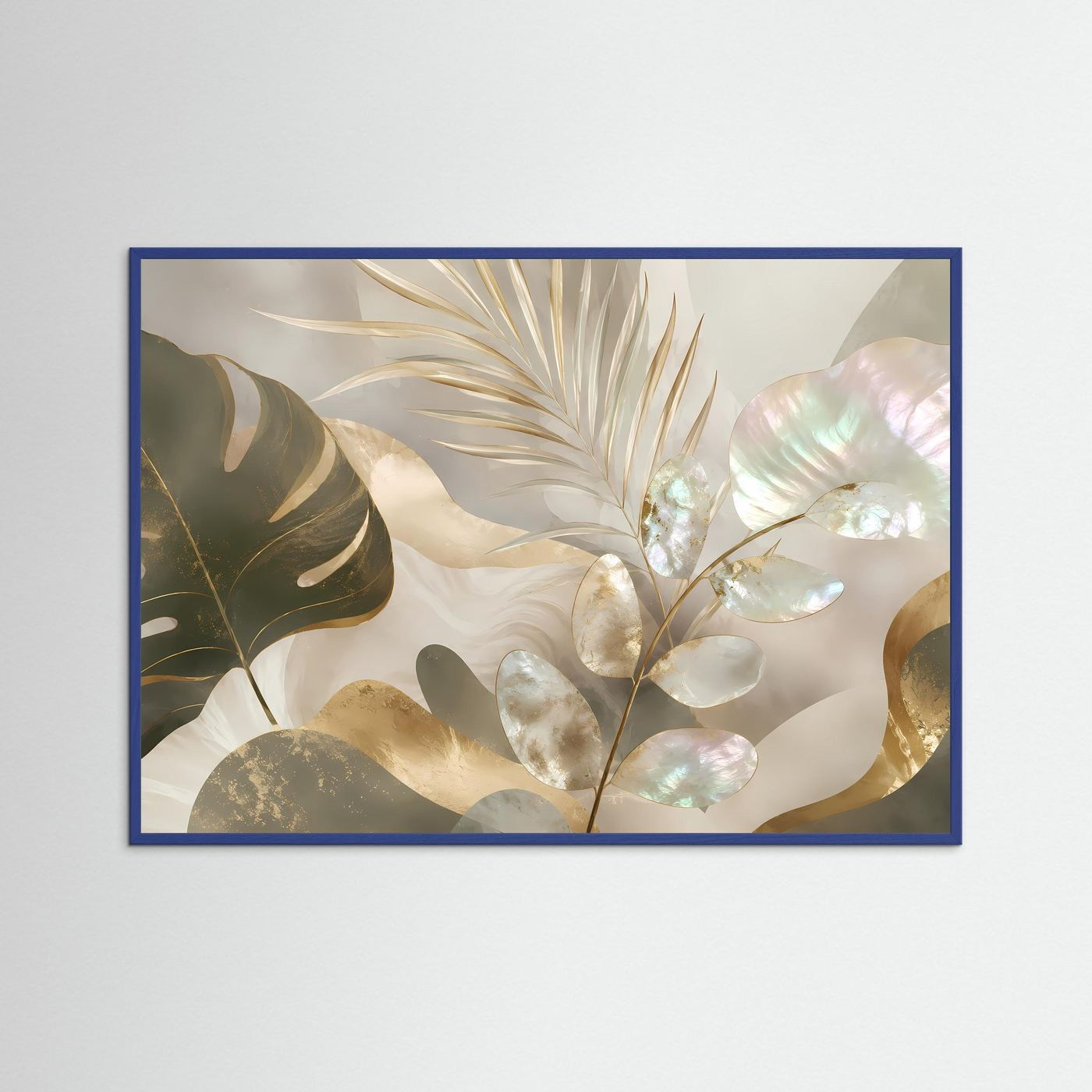 Abstraktes botanisches Poster im Querformat mit Tropenblättern, blauer Holzrahmen