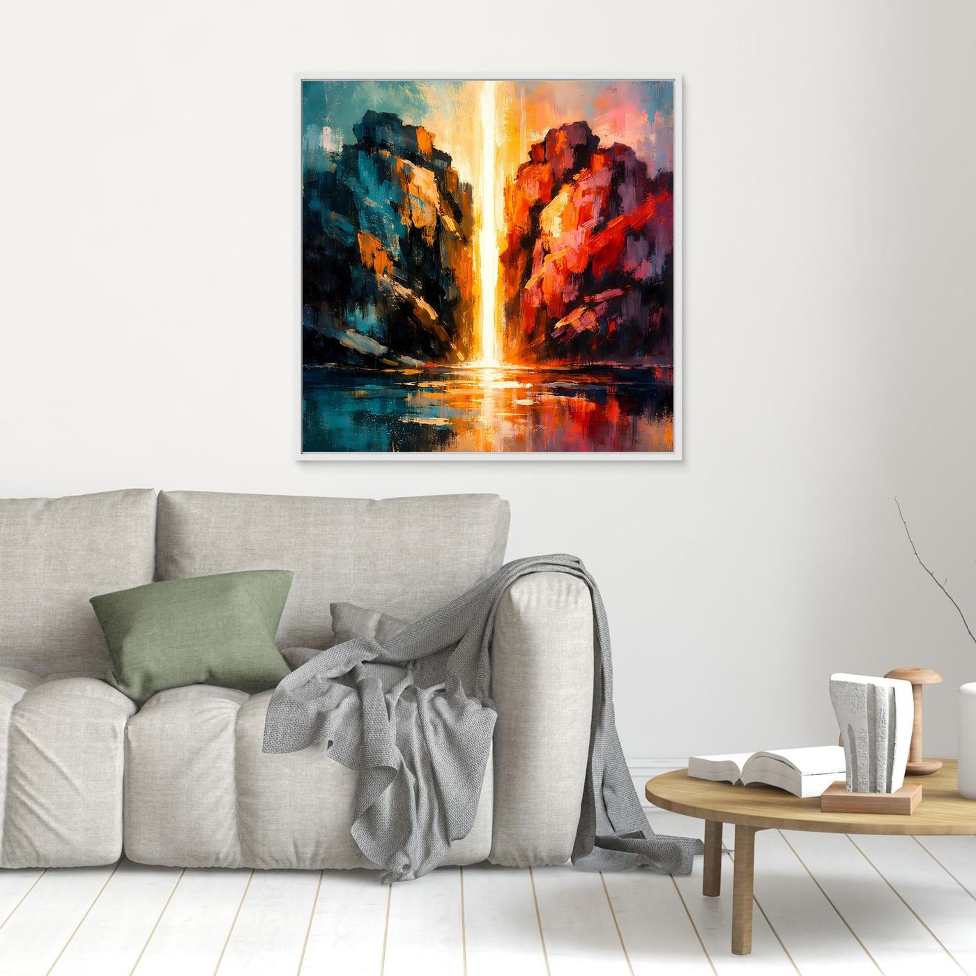 Premium Leinwand Magischer Lichtwasserfall im Canyon | Abstraktes Natur Wandbild farbenfroh