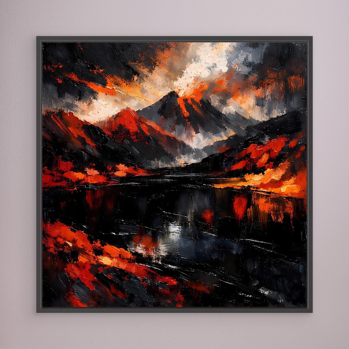 Abstraktes Leinwand-Wandbild mit Vulkan- und Flammenmeer-Motiv, dunkler Rahmen