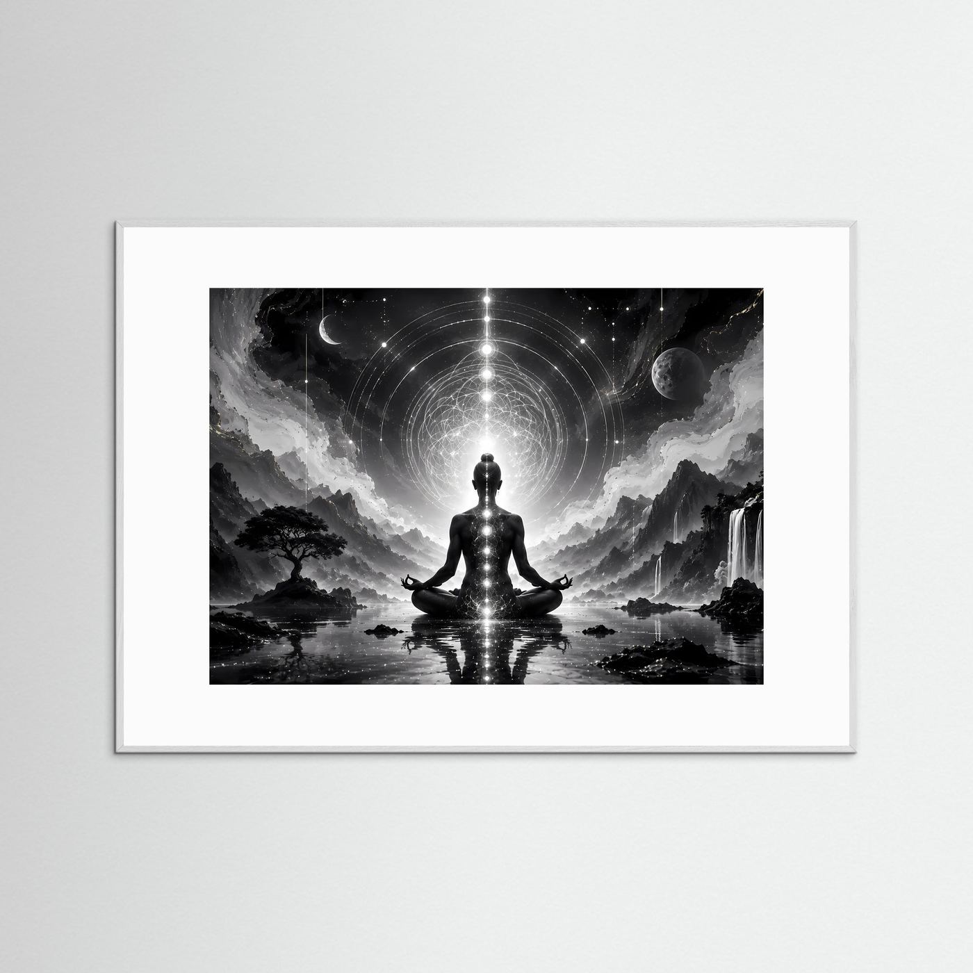 Meditation Schwarz Weiß | Spirituelles Wandbild mit Chakren & Heiliger Geometrie