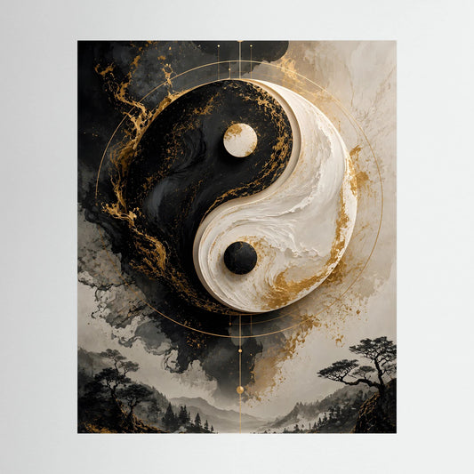 Hochformat-Poster mit Yin-Yang in Schwarz und Gold, abstrakte Berglandschaft