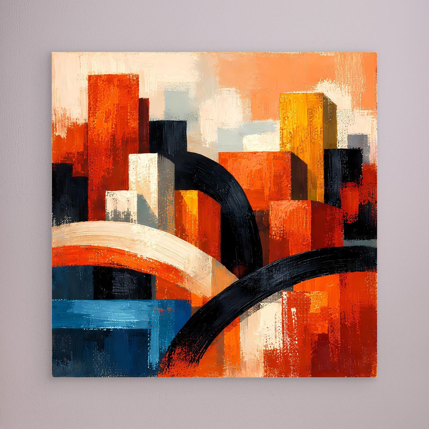 Abstraktes Skyline-Leinwandbild: orange, rot und blau, mit schwarzer Bogenlinie.