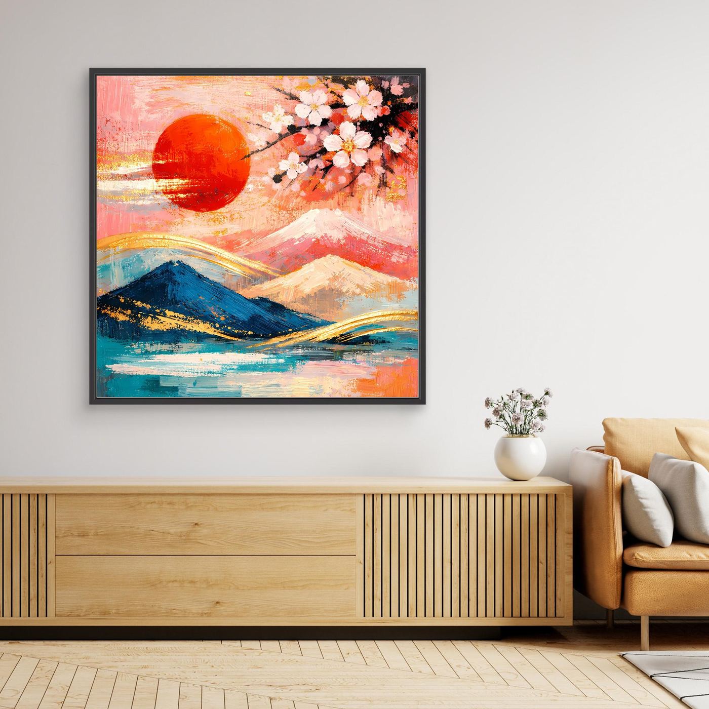 Gerahmtes Leinwandbild mit schwarzem Rahmen: rote Sonne, Kirschblüten und Berge in Pastell