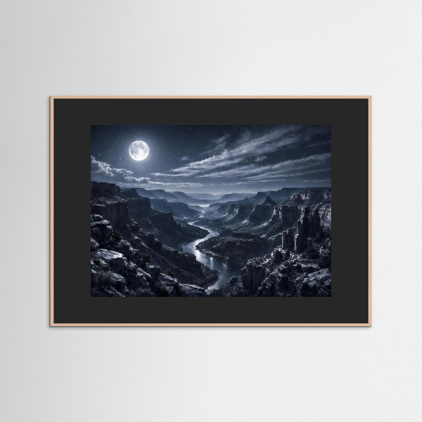 Wandbild mit Mond über Canyon, dunkler Holzrahmen mit schwarzer Umrandung