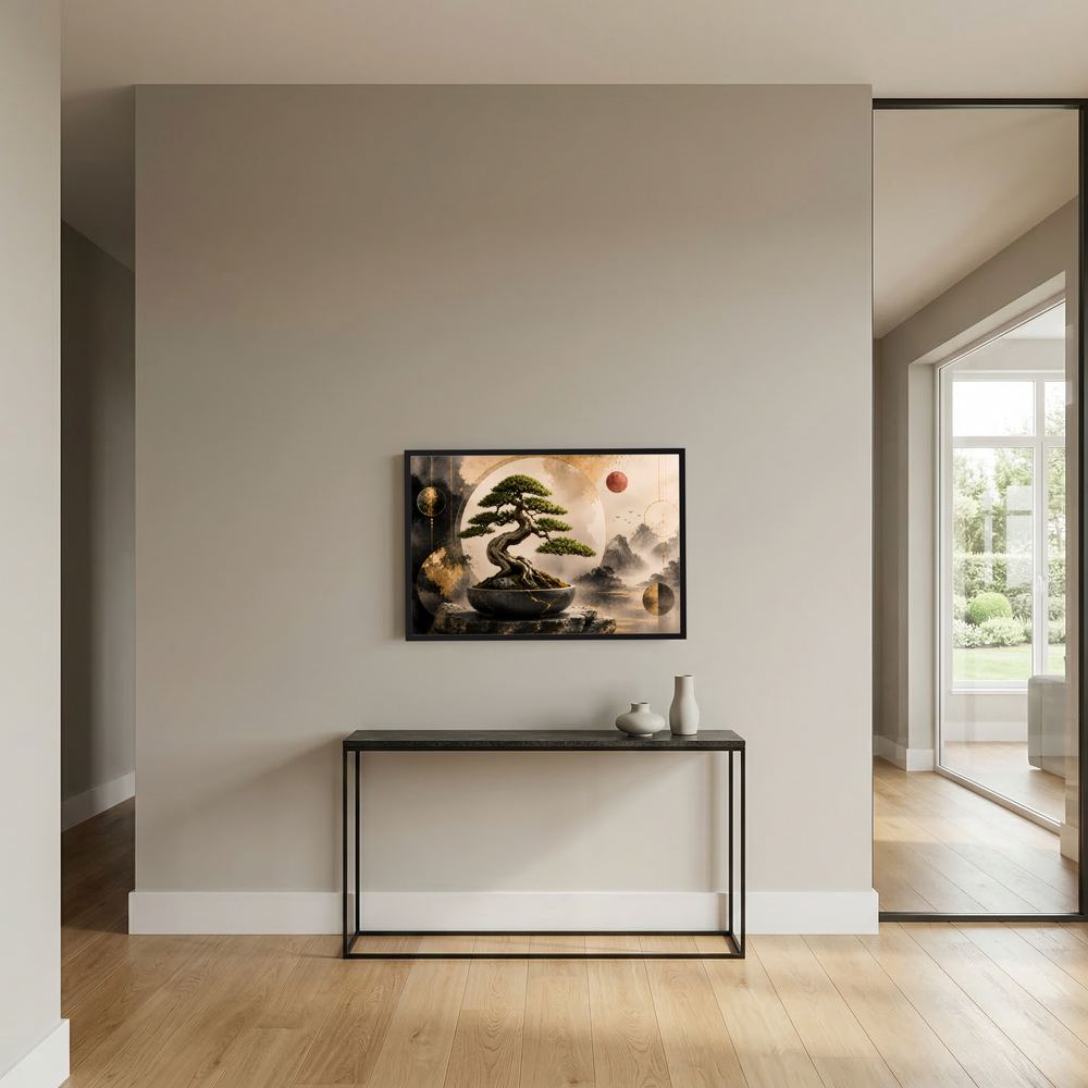 Kleines gerahmtes Bonsai-Poster an der Wand, Schwarz-und-Gold-Design mit rundem Motiv.