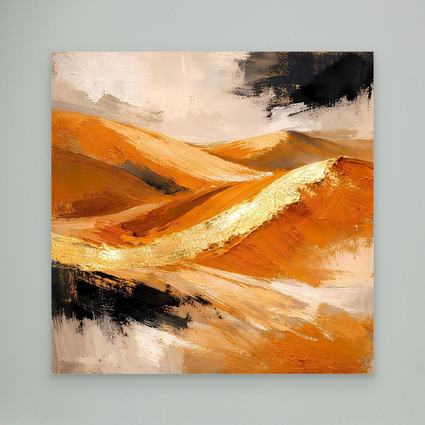 Leinwand-Wandbild mit abstrakten Dünen in Gold und Orange, Akzente in Schwarz