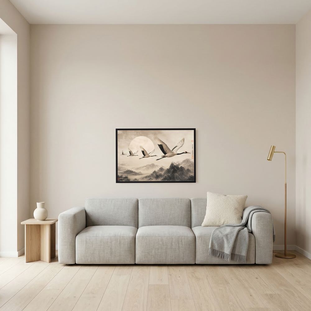 Gerahmtes Kunstposter mit fliegenden Kranichen, Beige-Landschaft im schwarzen Rahmen