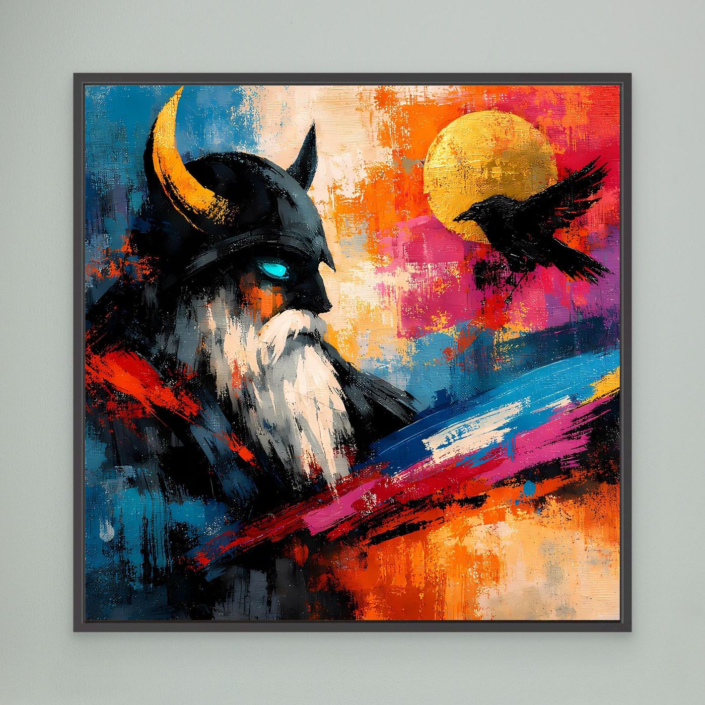 Leinwand-Wandbild mit abstraktem Odin und Rabe, mehrfarbig, mit schwarzem Rahmen