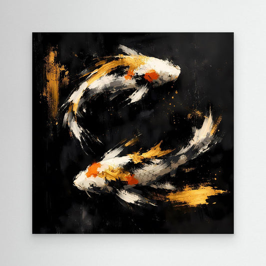 Leinwand-Wandbild mit abstrahierten Koi-Fischen in Gold und Orange, mit schwarzem Rahmen