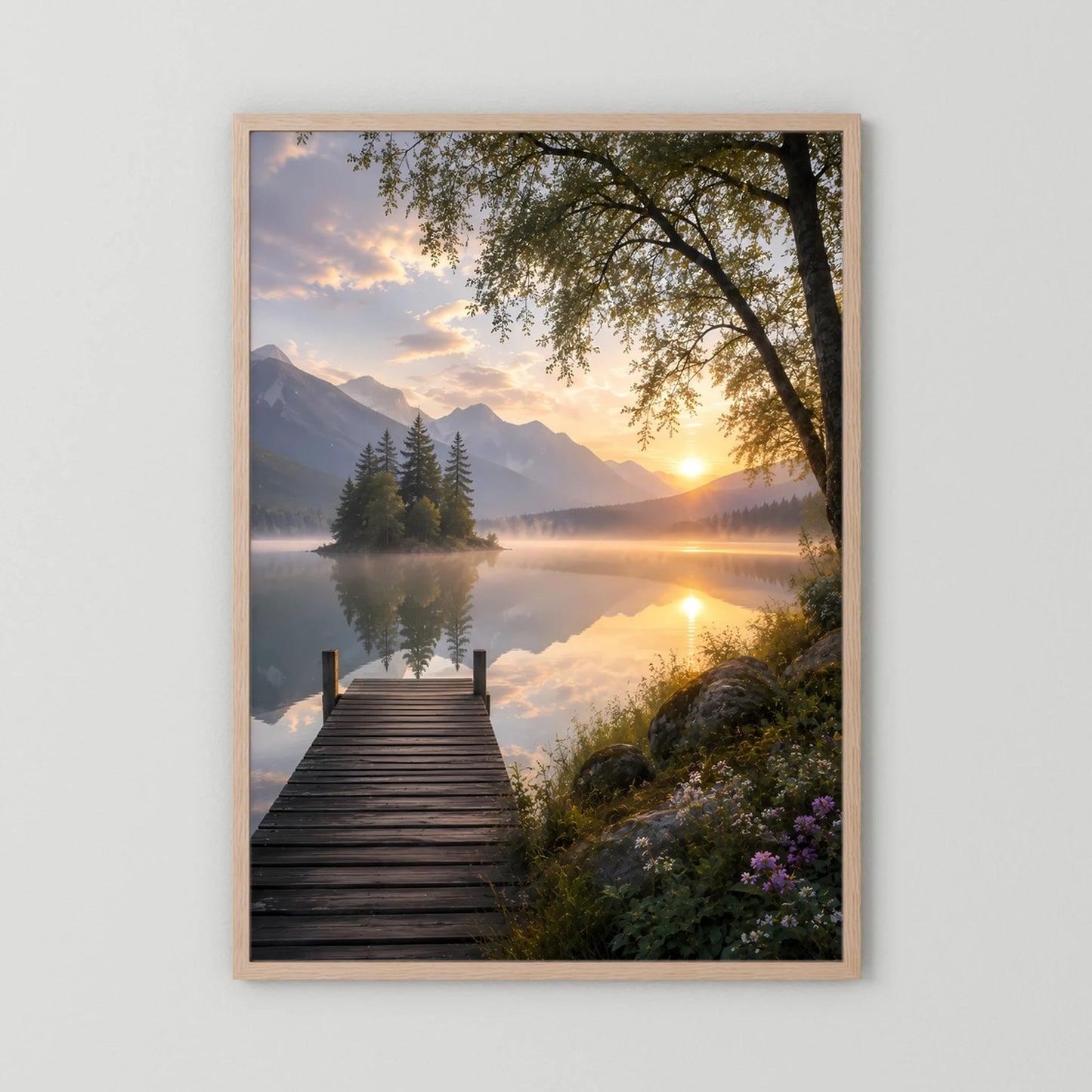 Bergsee mit Holzsteg | Sonnenuntergang in ruhiger Berglandschaft | Poster Hochformat