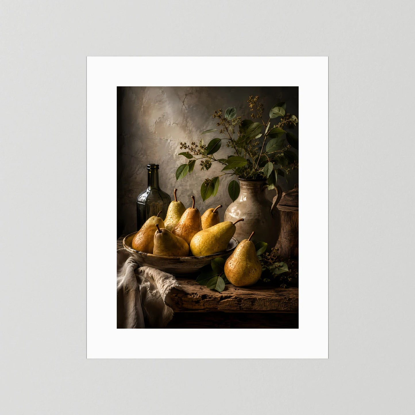 Poster mit weißem Rand: goldene Birnen in Schüssel, Flasche und Vase