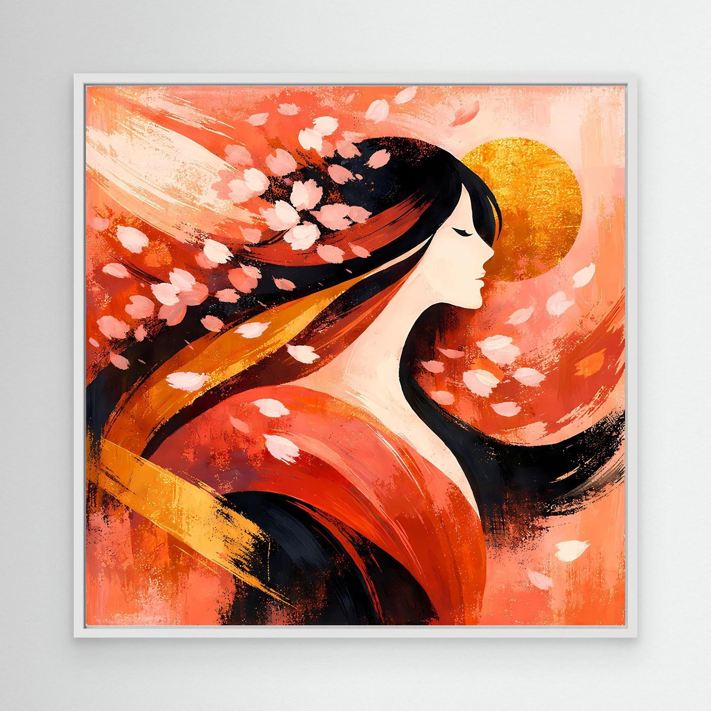 Leinwandbild mit weißem Rahmen: Geisha-Profil mit Kirschblüten vor goldener Sonne, rot-orange