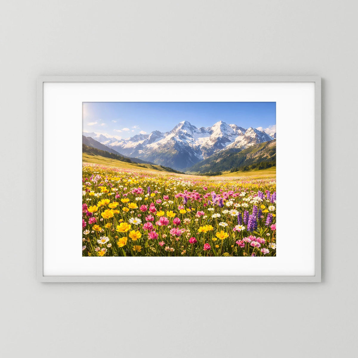 Wandbild im Querformat mit blühender Bergwiese und Alpenpanorama im weißen Rahmen