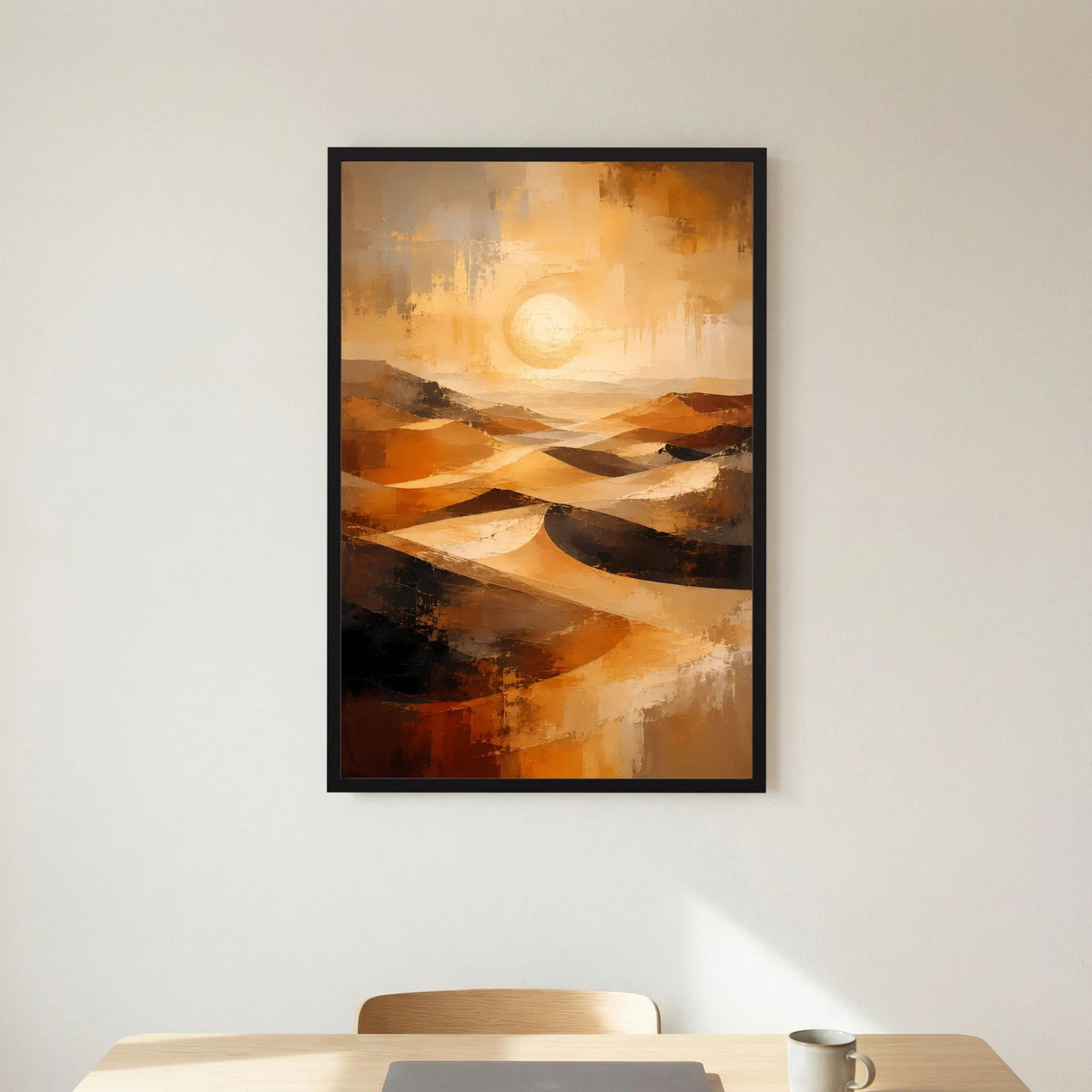 Abstraktes Wüstenlandschafts-Poster im Hochformat, Gold- und Orangetöne, schwarzer Bilderrahmen