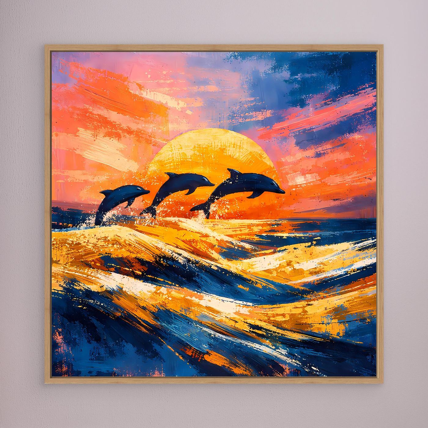 Leinwand Springende Delphine im Sonnenuntergang | Abstraktes Ozean & Meer Wandbild