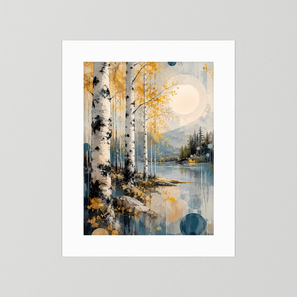 Hochformatiges Poster mit abstrakter Waldlandschaft in Gold und Blau, weißer Rand