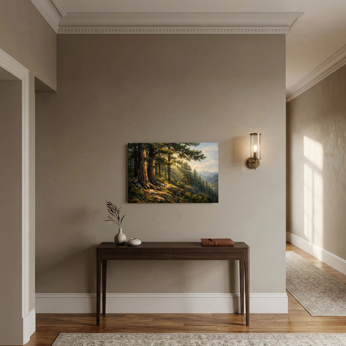 Wandbild im Querformat mit Wald- und Berglandschaft, ohne sichtbaren Rahmen