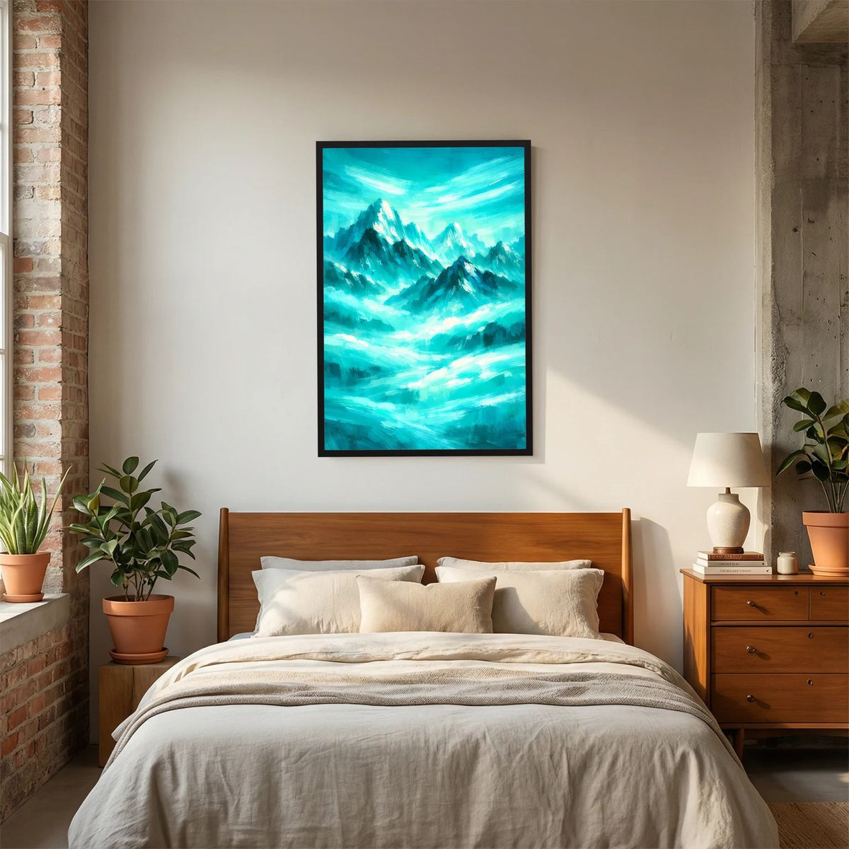 Wandbild im Hochformat mit abstrakter türkiser Berglandschaft und schwarzem Rahmen