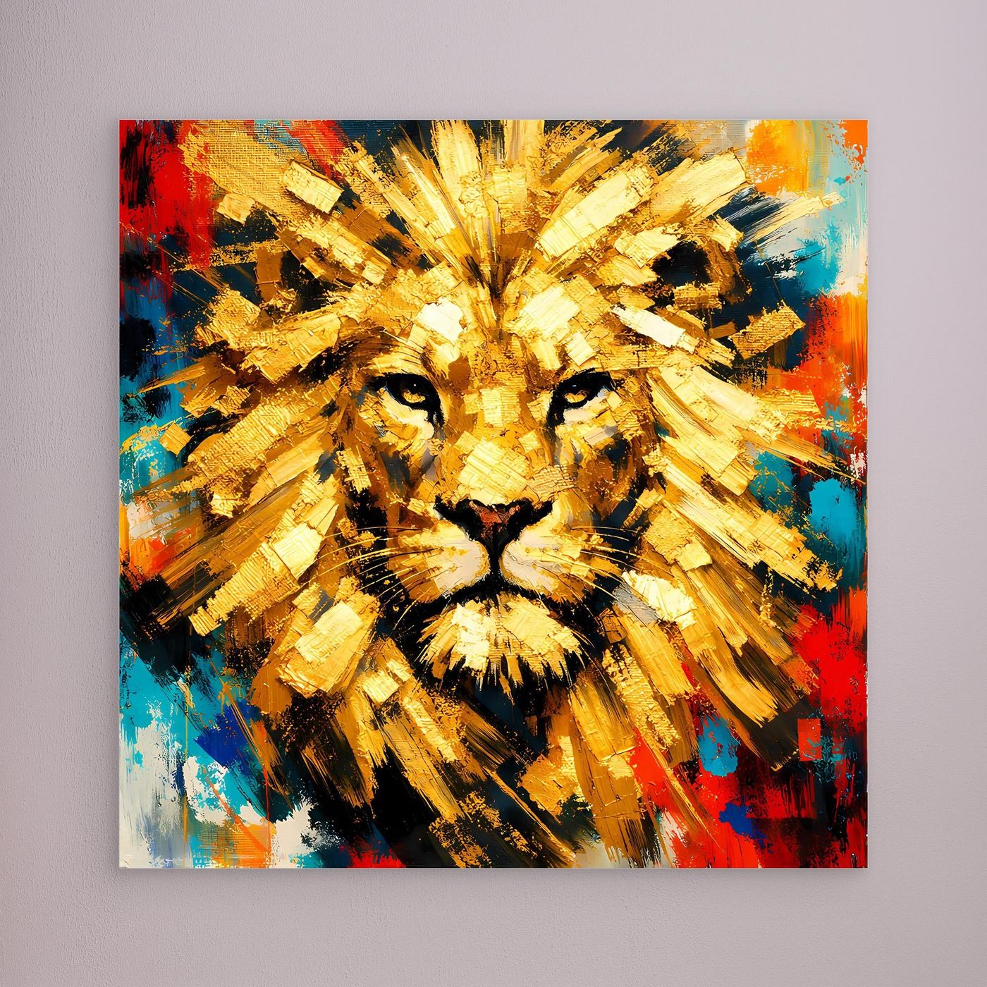 Abstraktes Löwenleinwandbild ohne Rahmen, goldene Strahlen und bunte Farbflecken